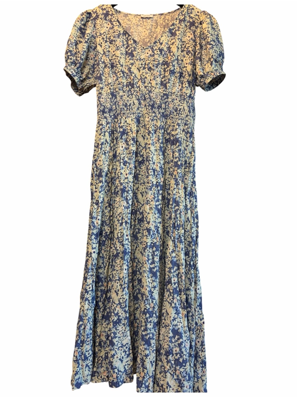 Floral Cottagecore  midi dress smocked puff sleeves romantic feminine watercolor